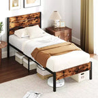 Costway Twin/Full/Queen/King Bed Frame with Tall Industrial Headboard Heavy-Duty Metal Slats Support Brown