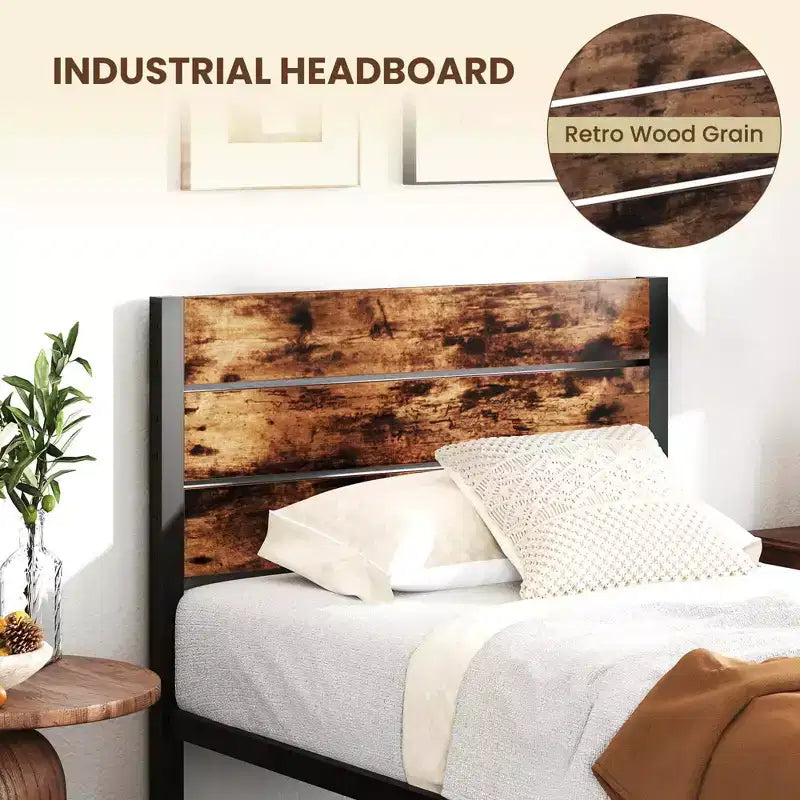 Struttura letto matrimoniale/queen/king size con testiera alta in stile industriale, supporti a doghe in metallo resistente marrone
