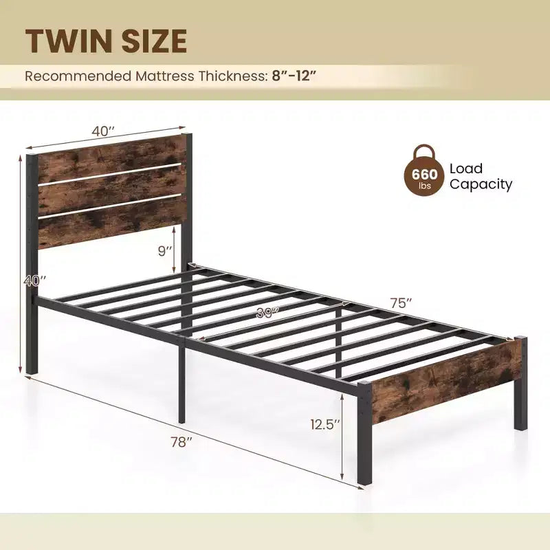 Struttura letto matrimoniale/queen/king size con testiera alta in stile industriale, supporti a doghe in metallo resistente marrone