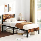 Struttura letto matrimoniale/queen/king size con testiera alta in stile industriale, supporti a doghe in metallo resistente marrone