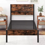 Struttura letto matrimoniale/queen/king size con testiera alta in stile industriale, supporti a doghe in metallo resistente marrone
