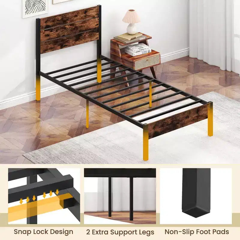 Struttura letto matrimoniale/queen/king size con testiera alta in stile industriale, supporti a doghe in metallo resistente marrone