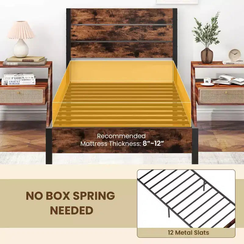 Struttura letto matrimoniale/queen/king size con testiera alta in stile industriale, supporti a doghe in metallo resistente marrone