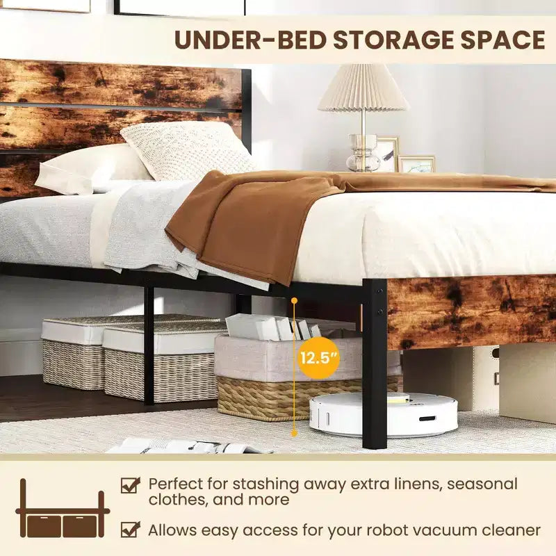 Struttura letto matrimoniale/queen/king size con testiera alta in stile industriale, supporti a doghe in metallo resistente marrone