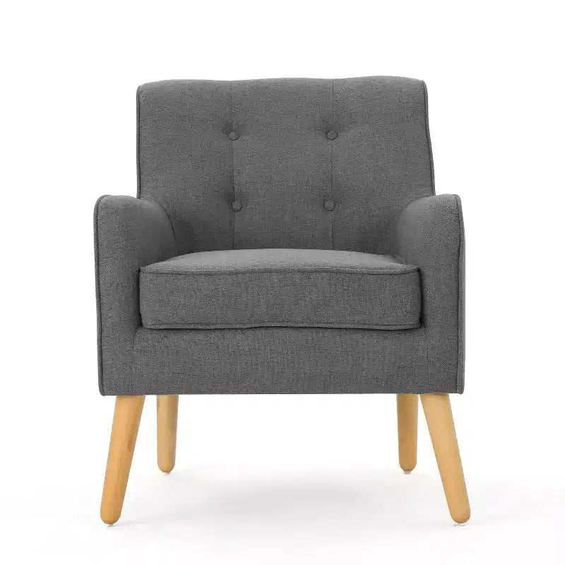 Poltrona moderna, poltrona ad alto schienale con gambe in legno, poltrone accentate imbottite trapuntate a bottoni per il tempo libero, color antracite