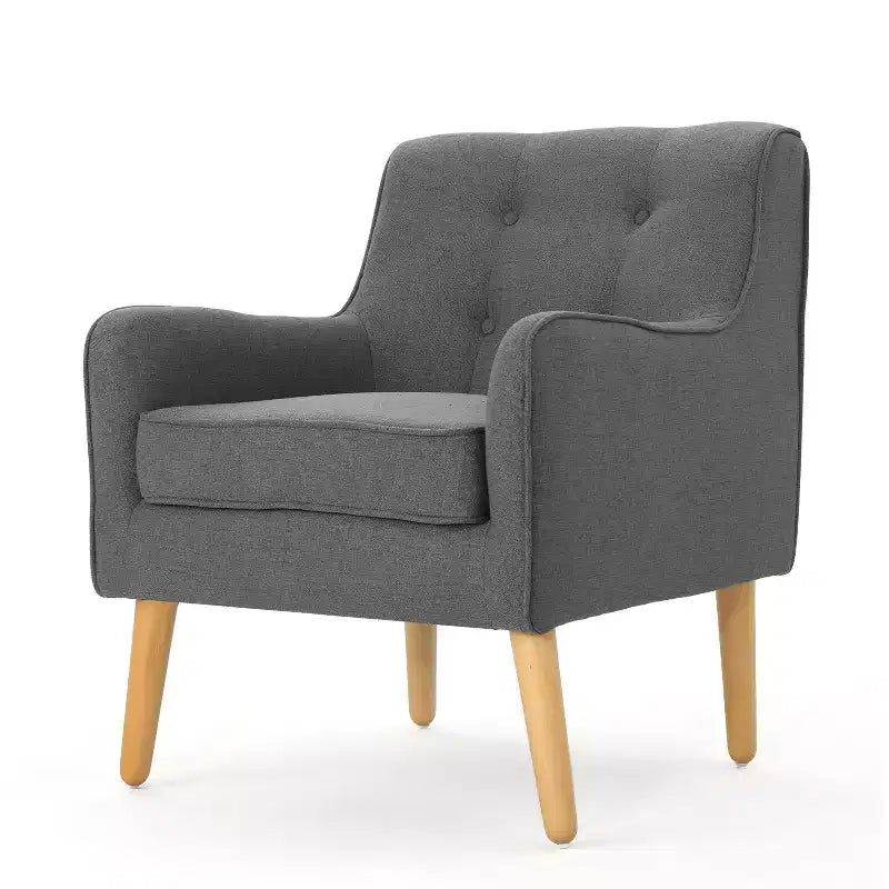 Poltrona moderna, poltrona ad alto schienale con gambe in legno, poltrone accentate imbottite trapuntate a bottoni per il tempo libero, color antracite