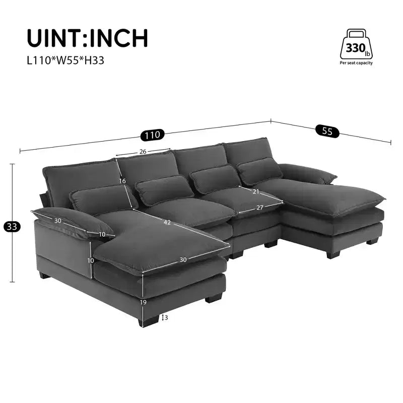 Divano componibile a U in ciniglia 110 con 2 chaise longue e cuscini