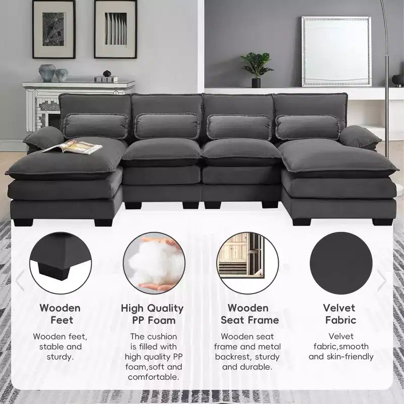 Divano componibile a U in ciniglia 110 con 2 chaise longue e cuscini