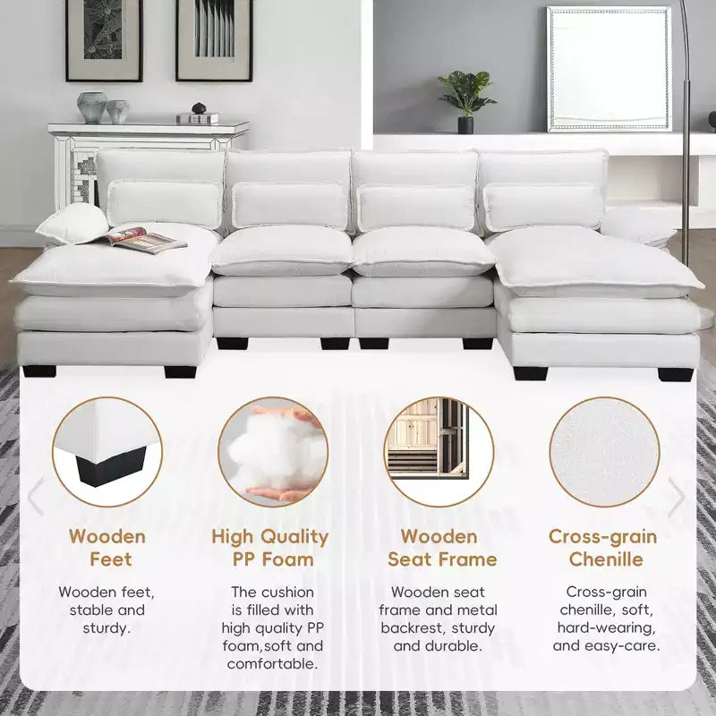 Divano componibile a U in ciniglia 110 con 2 chaise longue e cuscini