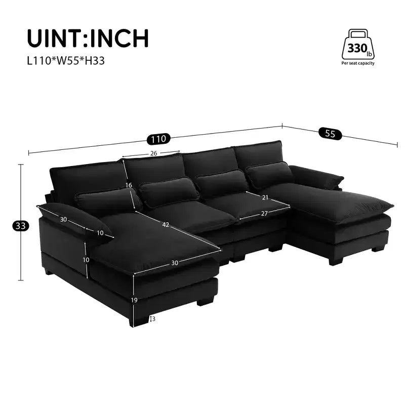 Divano componibile a U in ciniglia 110 con 2 chaise longue e cuscini