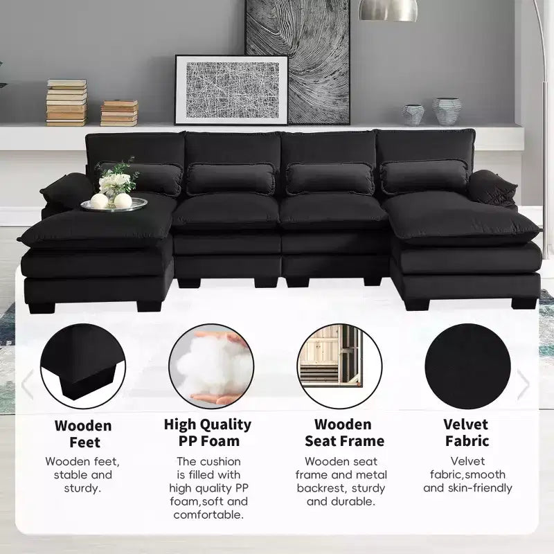 Divano componibile a U in ciniglia 110 con 2 chaise longue e cuscini