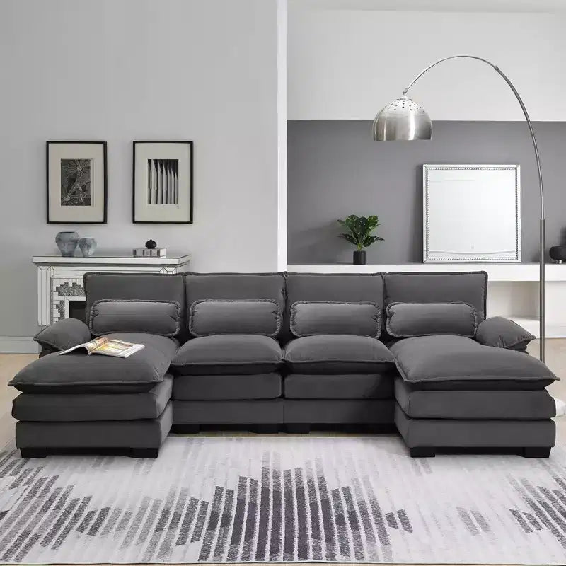 Divano componibile a U in ciniglia 110 con 2 chaise longue e cuscini