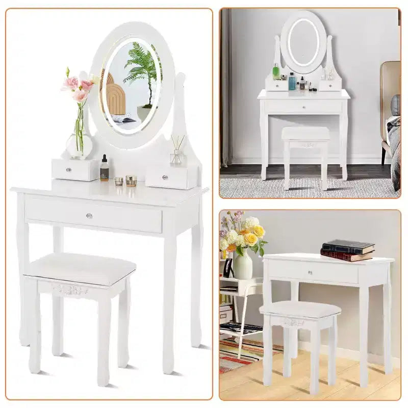 Vanity Desk with Mirror & LED Lights, Modern Vanity Table with Cushioned Stool and 3 Storage Drawers White