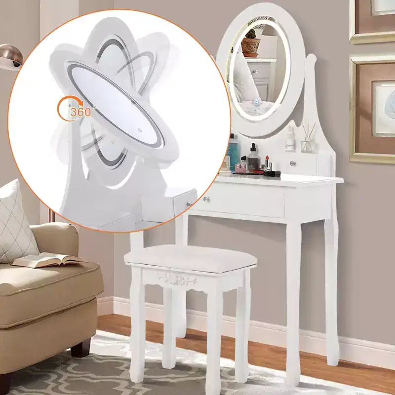 Toeletta con Specchio e Luci LED, Tavolo da Trucco Moderno con Sgabello Imbottito e 3 Cassetti, Bianco