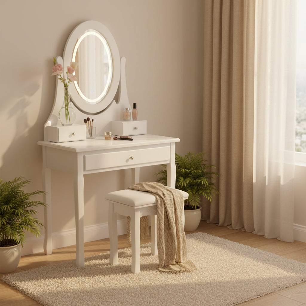 Toeletta con Specchio e Luci LED, Tavolo da Trucco Moderno con Sgabello Imbottito e 3 Cassetti, Bianco