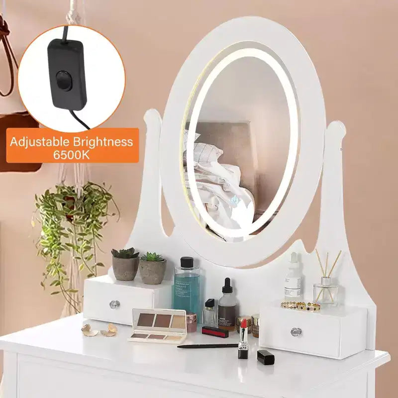 Toeletta con Specchio e Luci LED, Tavolo da Trucco Moderno con Sgabello Imbottito e 3 Cassetti, Bianco
