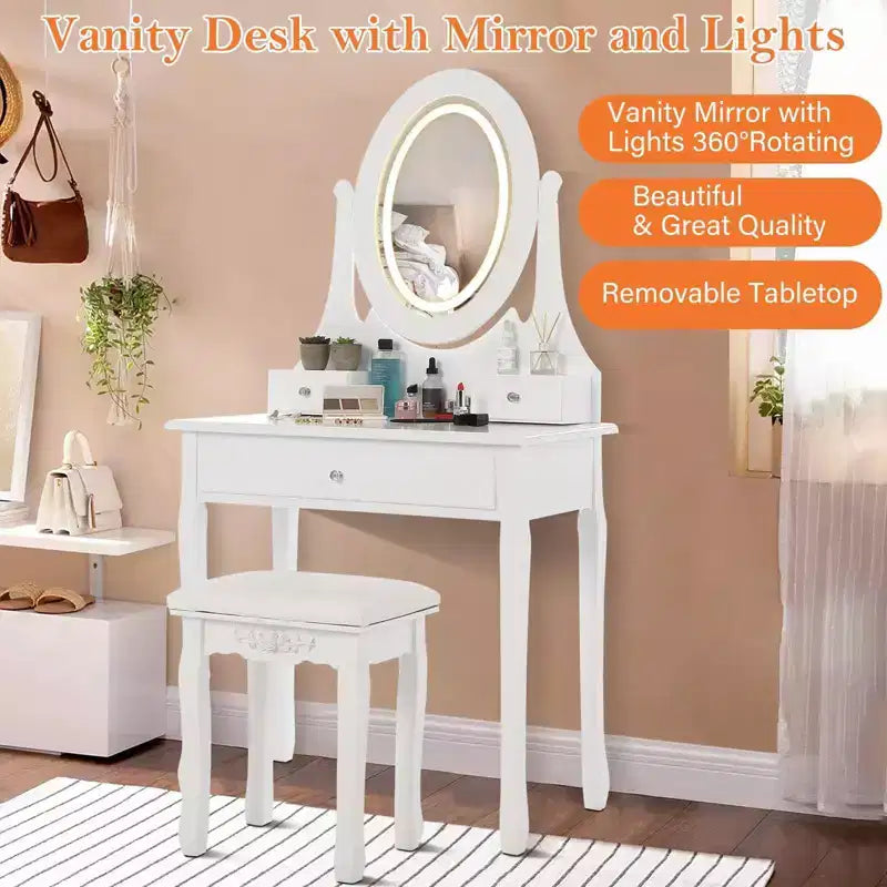 Toeletta con Specchio e Luci LED, Tavolo da Trucco Moderno con Sgabello Imbottito e 3 Cassetti, Bianco