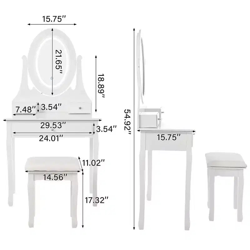 Toeletta con Specchio e Luci LED, Tavolo da Trucco Moderno con Sgabello Imbottito e 3 Cassetti, Bianco