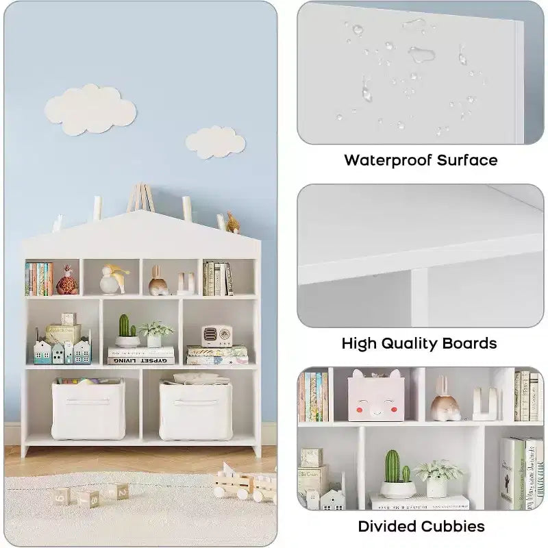 Organizzatore portaoggetti per giocattoli con 9 scomparti, libreria per bambini da 103,4 cm di larghezza, libreria bianca, armadietto per casette per bambini, scaffale in legno a cubi per giocattoli