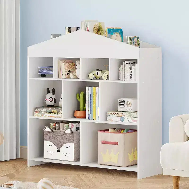Organizzatore portaoggetti per giocattoli con 9 scomparti, libreria per bambini da 103,4 cm di larghezza, libreria bianca, armadietto per casette per bambini, scaffale in legno a cubi per giocattoli