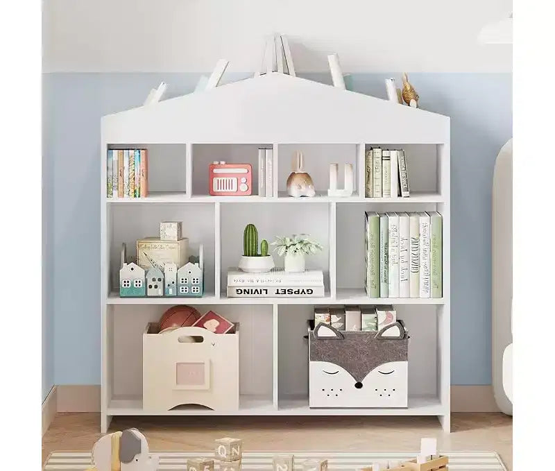 Organizzatore portaoggetti per giocattoli con 9 scomparti, libreria per bambini da 103,4 cm di larghezza, libreria bianca, armadietto per casette per bambini, scaffale in legno a cubi per giocattoli