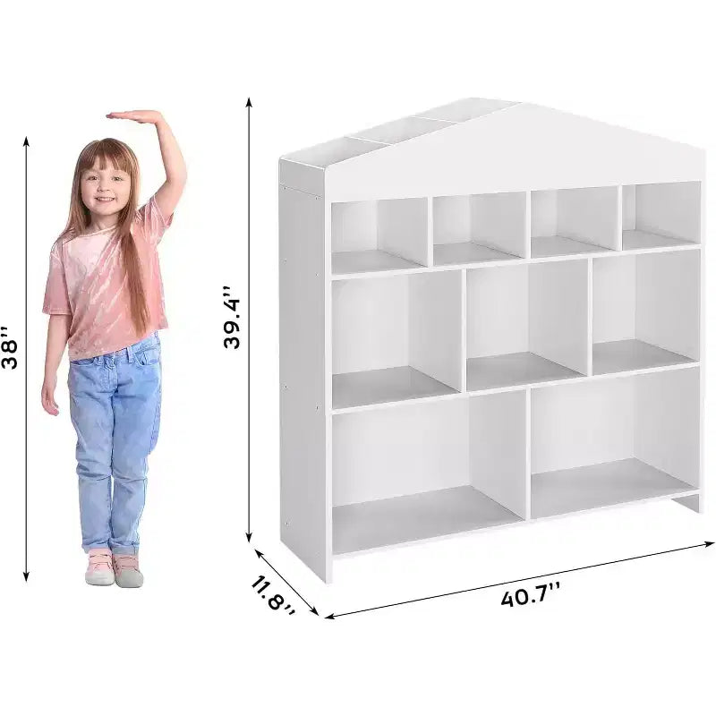 Organizzatore portaoggetti per giocattoli con 9 scomparti, libreria per bambini da 103,4 cm di larghezza, libreria bianca, armadietto per casette per bambini, scaffale in legno a cubi per giocattoli
