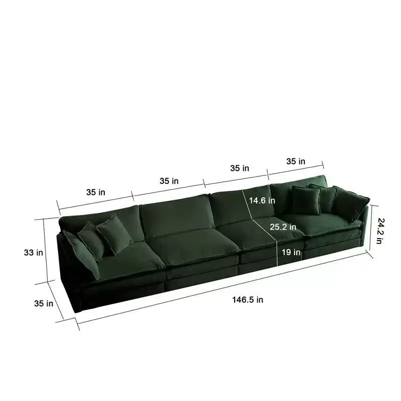 Divano modulare, divano a 4 posti in ciniglia confortevole, divano componibile in ciniglia verde
