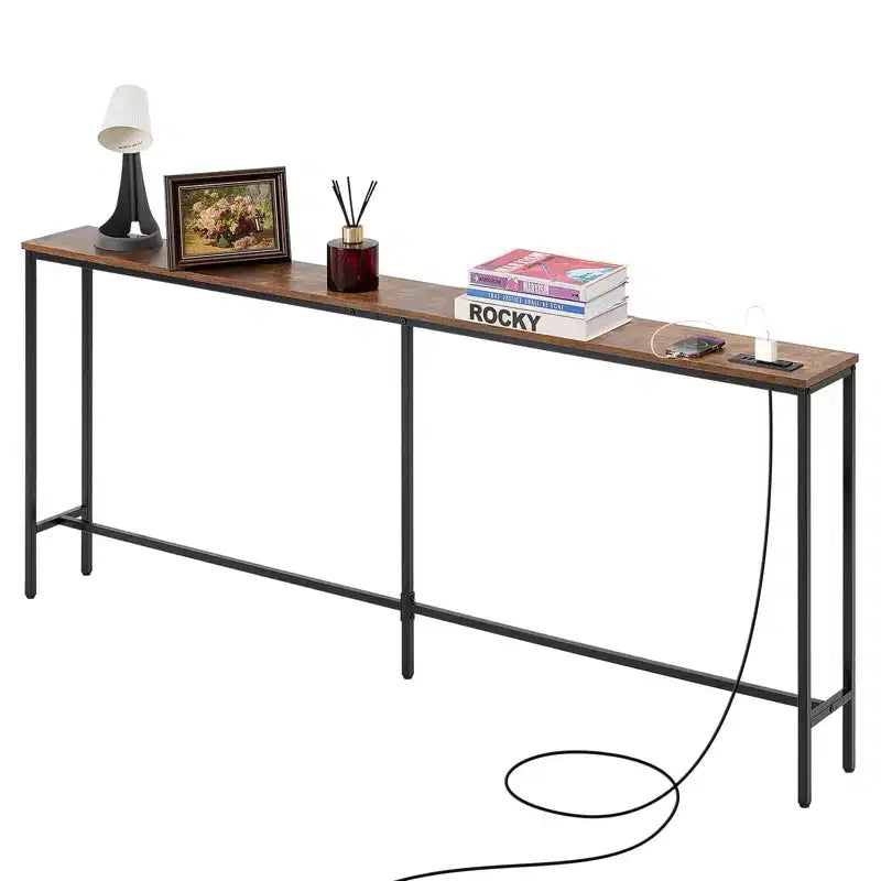 VEVOR Narrow Console Table, 70.9 Behind Couch Table with Power Outlets, 1-Tier Long Entryway Table, Narrow Sofa Table with Metal Frame, Brown
