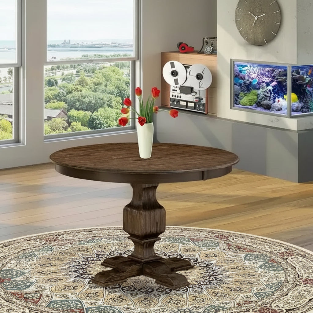 HomeStock Round Dining Table with Pedestal, Rustic Rubberwood Table