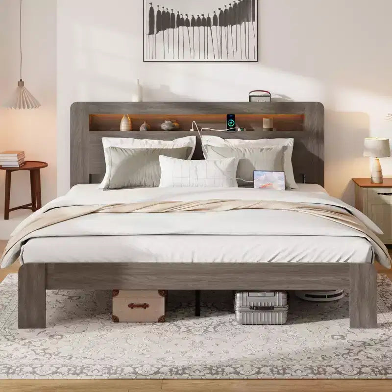 Full/Queen King Size Bed Frame, Wood Platform with LED Light Headboard and 2 USB ,Noise Free,No Box Spring Needed,Large Under Bed Storage,Dark Grey