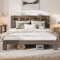 Full/Queen King Size Bed Frame, Wood Platform with LED Light Headboard and 2 USB ,Noise Free,No Box Spring Needed,Large Under Bed Storage,Dark Grey