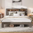 Full/Queen King Size Bed Frame, Wood Platform with LED Light Headboard and 2 USB ,Noise Free,No Box Spring Needed,Large Under Bed Storage,Dark Grey