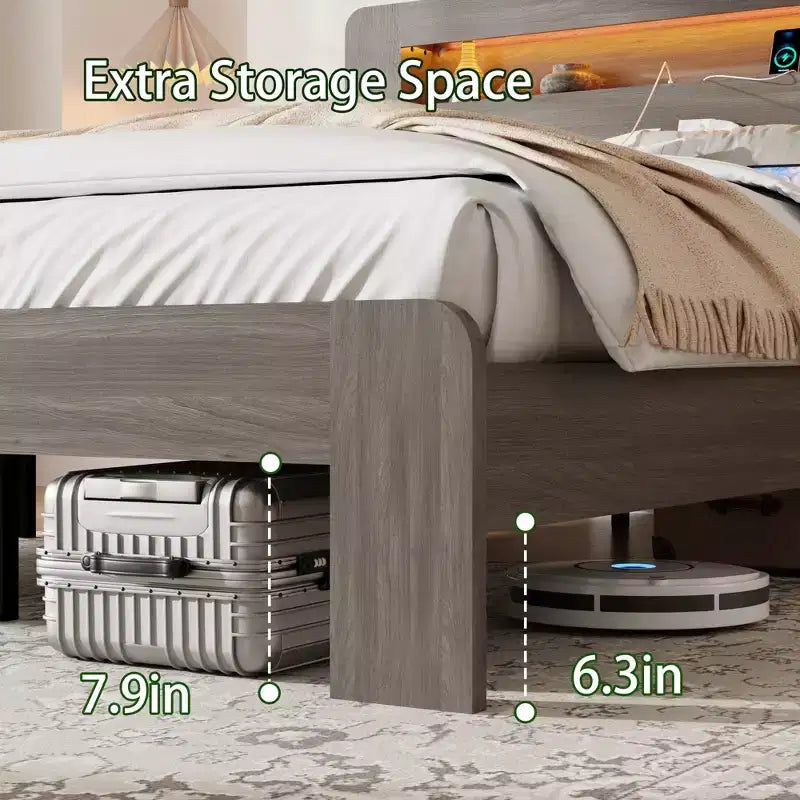 Struttura letto Full/Queen King Size, piattaforma in legno con testiera a LED e 2 USB, silenziosa, senza bisogno di rete a doghe, ampio spazio contenitore sotto il letto, grigio scuro