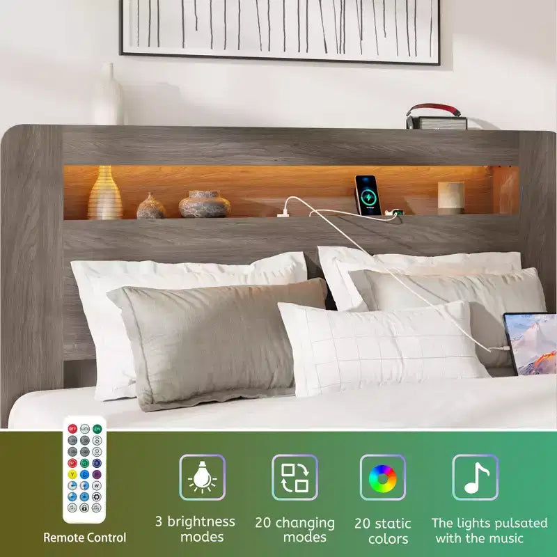 Struttura letto Full/Queen King Size, piattaforma in legno con testiera a LED e 2 USB, silenziosa, senza bisogno di rete a doghe, ampio spazio contenitore sotto il letto, grigio scuro