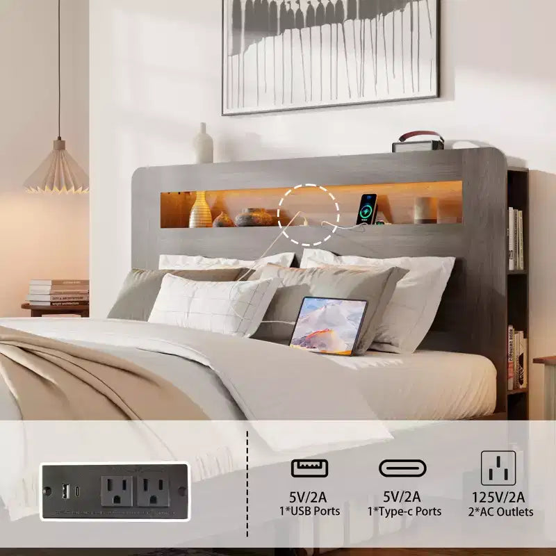 Struttura letto Full/Queen King Size, piattaforma in legno con testiera a LED e 2 USB, silenziosa, senza bisogno di rete a doghe, ampio spazio contenitore sotto il letto, grigio scuro