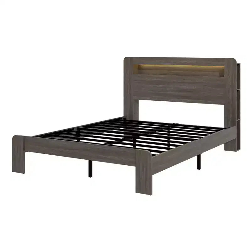 Struttura letto Full/Queen King Size, piattaforma in legno con testiera a LED e 2 USB, silenziosa, senza bisogno di rete a doghe, ampio spazio contenitore sotto il letto, grigio scuro