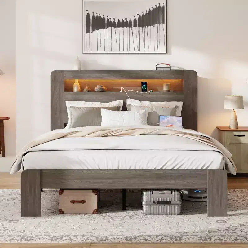 Struttura letto Full/Queen King Size, piattaforma in legno con testiera a LED e 2 USB, silenziosa, senza bisogno di rete a doghe, ampio spazio contenitore sotto il letto, grigio scuro