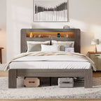 Struttura letto Full/Queen King Size, piattaforma in legno con testiera a LED e 2 USB, silenziosa, senza bisogno di rete a doghe, ampio spazio contenitore sotto il letto, grigio scuro