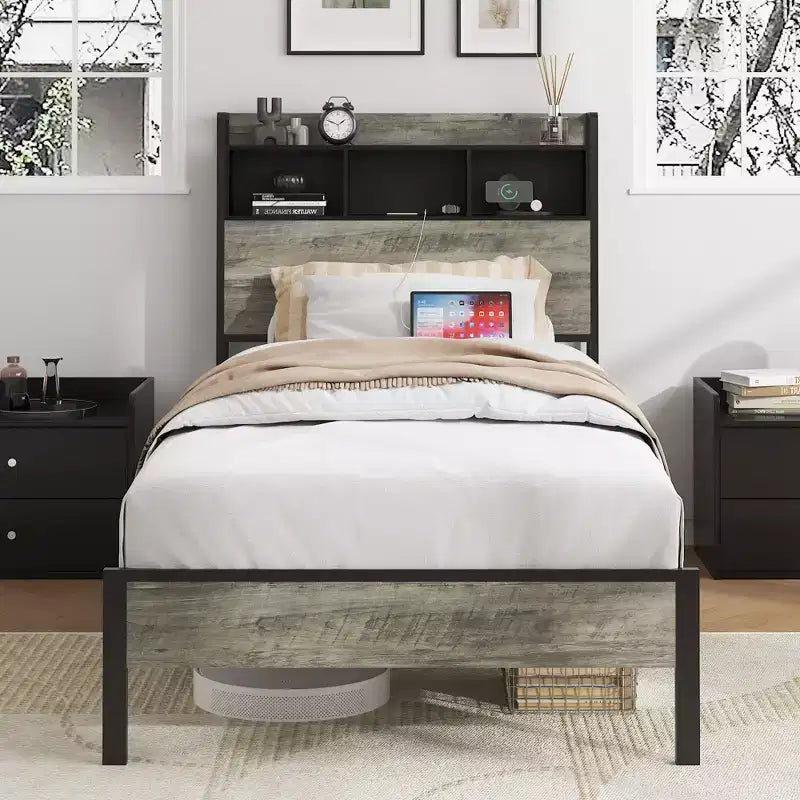 Twin/Full Size Single Bed Frame with Headboard Storage and Central Charging Station,Grey
