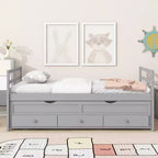 MAYEERTY Twin Size Bed with Headbosrd Trundle and Three Storage Drawers Pine Wood Gray for Bedroom