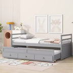 Letto Matrimoniale con Testiera, Letto Estraibile e Tre Cassetti Contenitori in Legno di Pino Grigio per la Camera da Letto