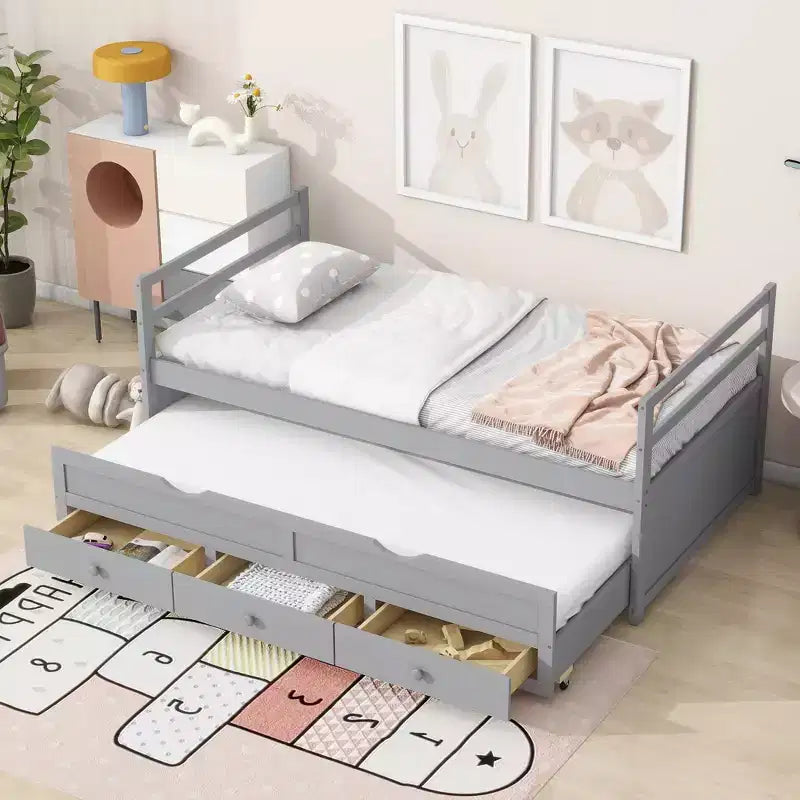Letto Matrimoniale con Testiera, Letto Estraibile e Tre Cassetti Contenitori in Legno di Pino Grigio per la Camera da Letto