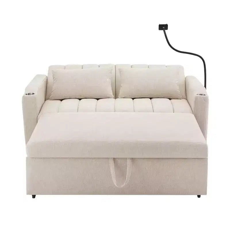 Divano Letto Estraibile con Schienale Regolabile, Chaise Longue Biposto con Porte USB e Portabicchieri