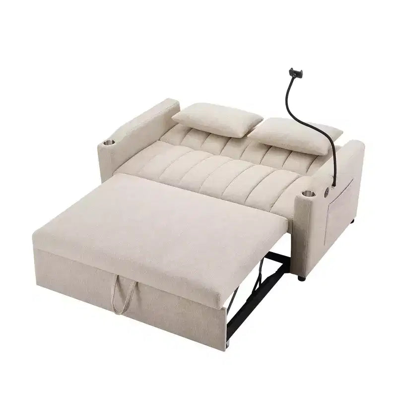 Divano Letto Estraibile con Schienale Regolabile, Chaise Longue Biposto con Porte USB e Portabicchieri