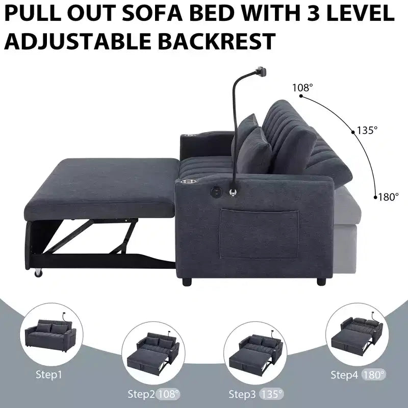 Divano Letto Estraibile con Schienale Regolabile, Chaise Longue Biposto con Porte USB e Portabicchieri