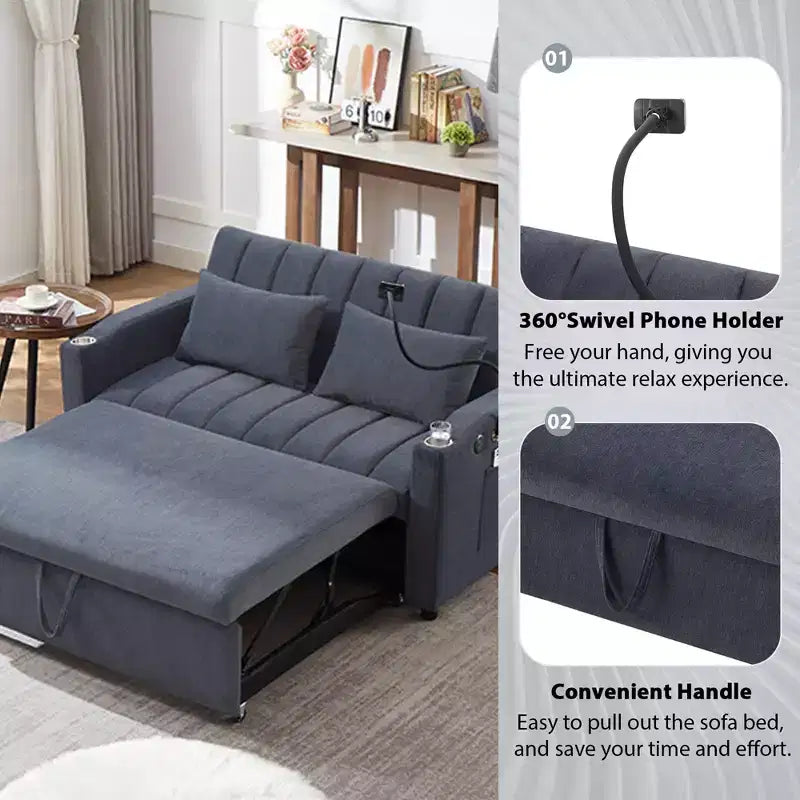 Divano Letto Estraibile con Schienale Regolabile, Chaise Longue Biposto con Porte USB e Portabicchieri