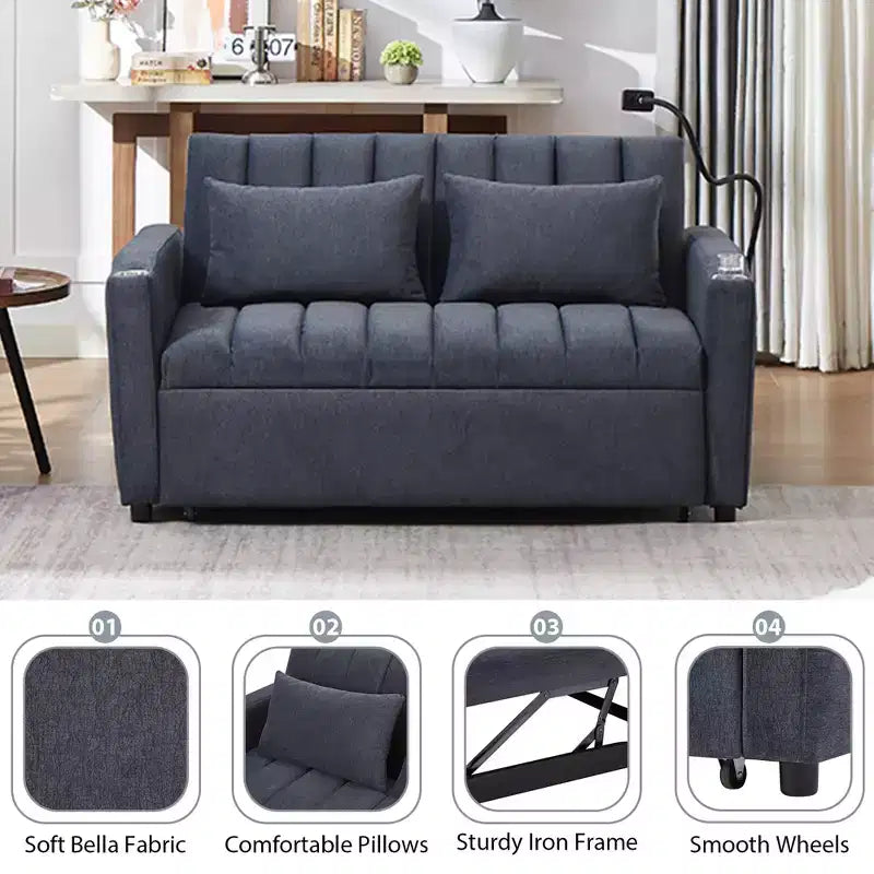 Divano Letto Estraibile con Schienale Regolabile, Chaise Longue Biposto con Porte USB e Portabicchieri
