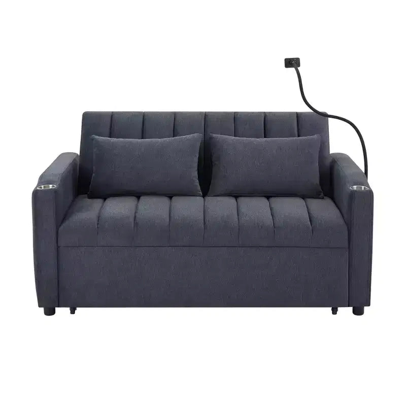 Divano Letto Estraibile con Schienale Regolabile, Chaise Longue Biposto con Porte USB e Portabicchieri