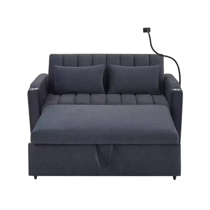 Divano Letto Estraibile con Schienale Regolabile, Chaise Longue Biposto con Porte USB e Portabicchieri