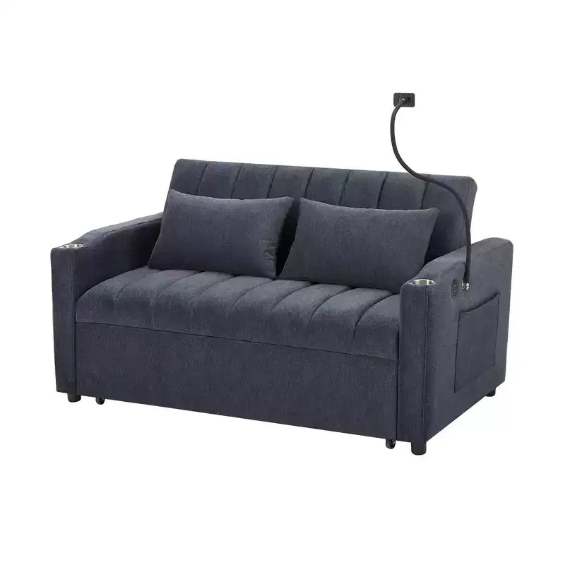 Divano Letto Estraibile con Schienale Regolabile, Chaise Longue Biposto con Porte USB e Portabicchieri